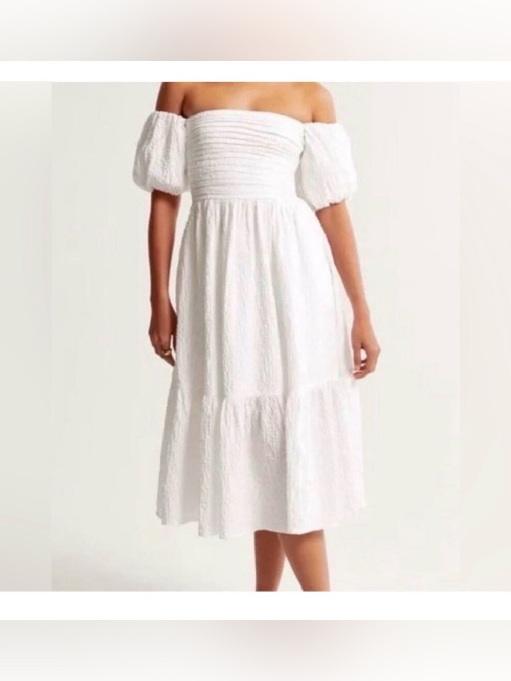 Abercrombie & Fitch White Puff-Sleeve Smocked Midi Dress